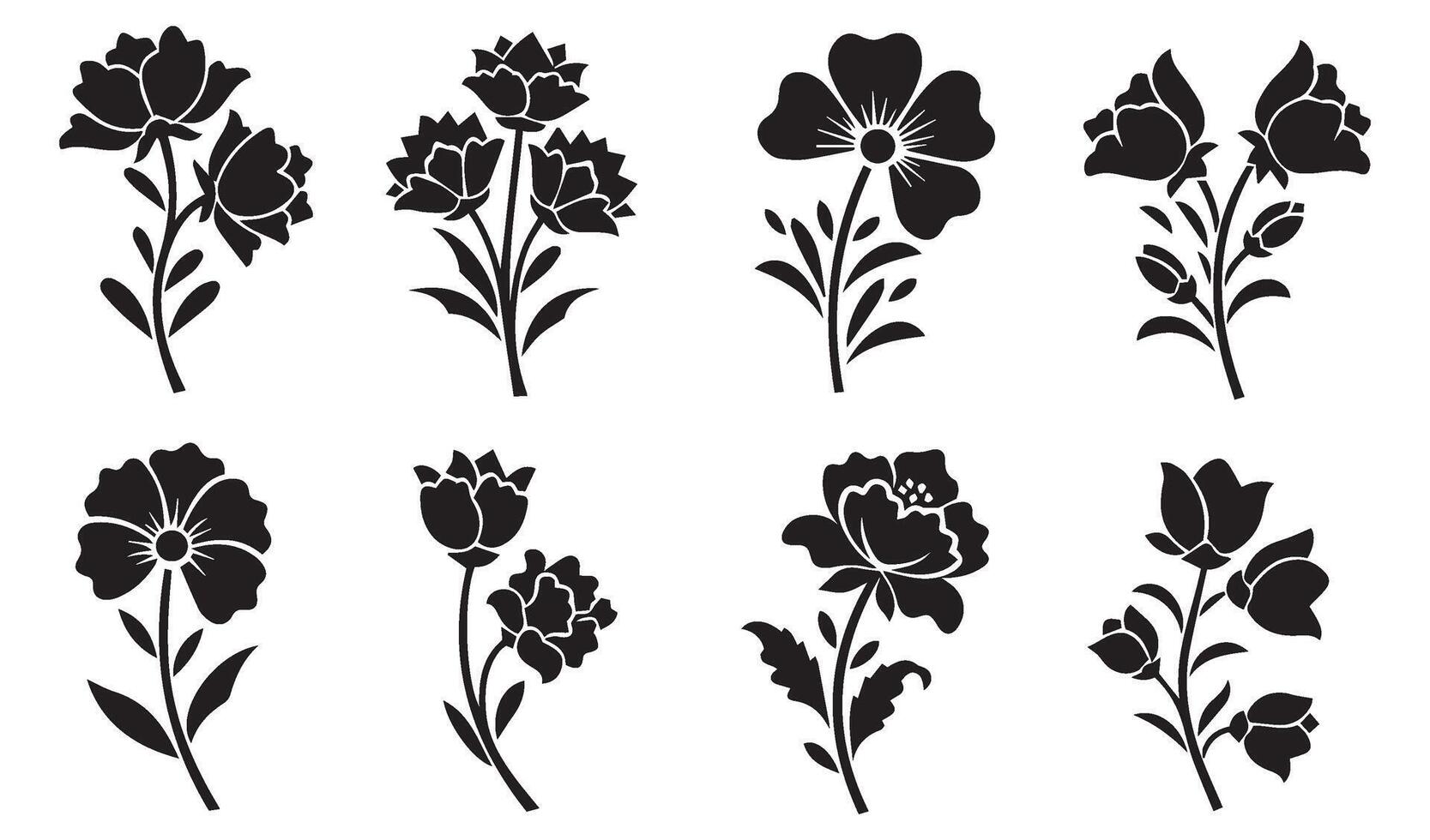 Exquisite Floral Flowers Stencil Vectors Silhouette with Decorative Summer Set Swirl Ornament and Retro Leaf Scroll Elements