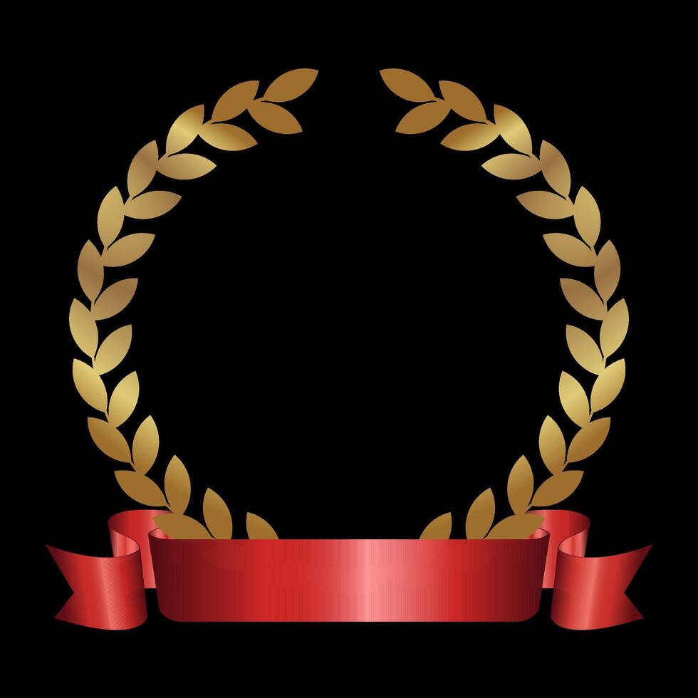 Gold laurel wreath with red ribbon, place for name of winner on black background. Champion reward. Award icon. Realistic luxury award for awarding ceremony, competition, championship, best player vector