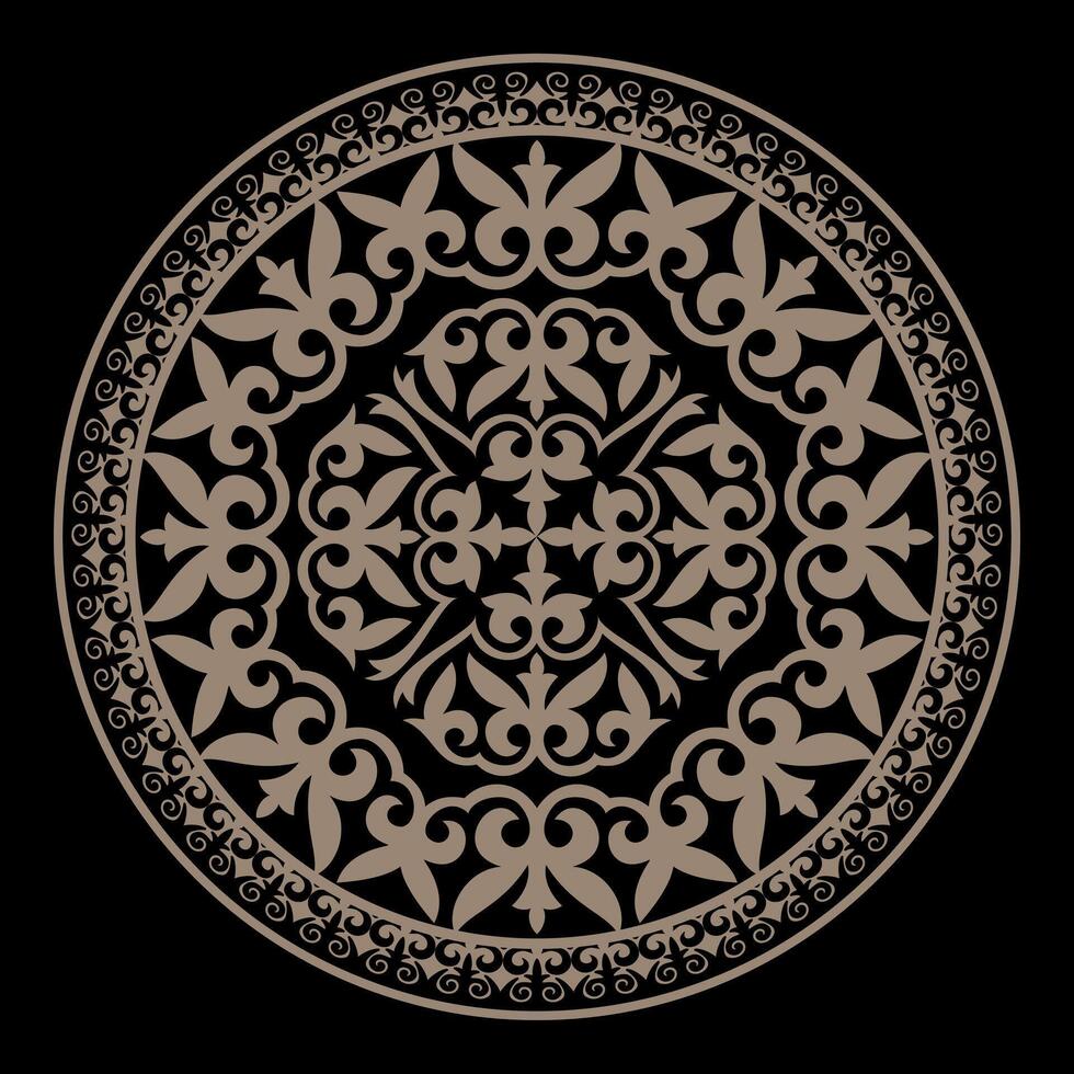 Gold on black Kazakh national round pattern, frame, persian motif. Ethnic ornament of the nomadic of Asia, Turks, Kazakhs, Kyrgyz, Mongols, Uzbek. For postcards, Sandblasting, ceramic, embroidery vector