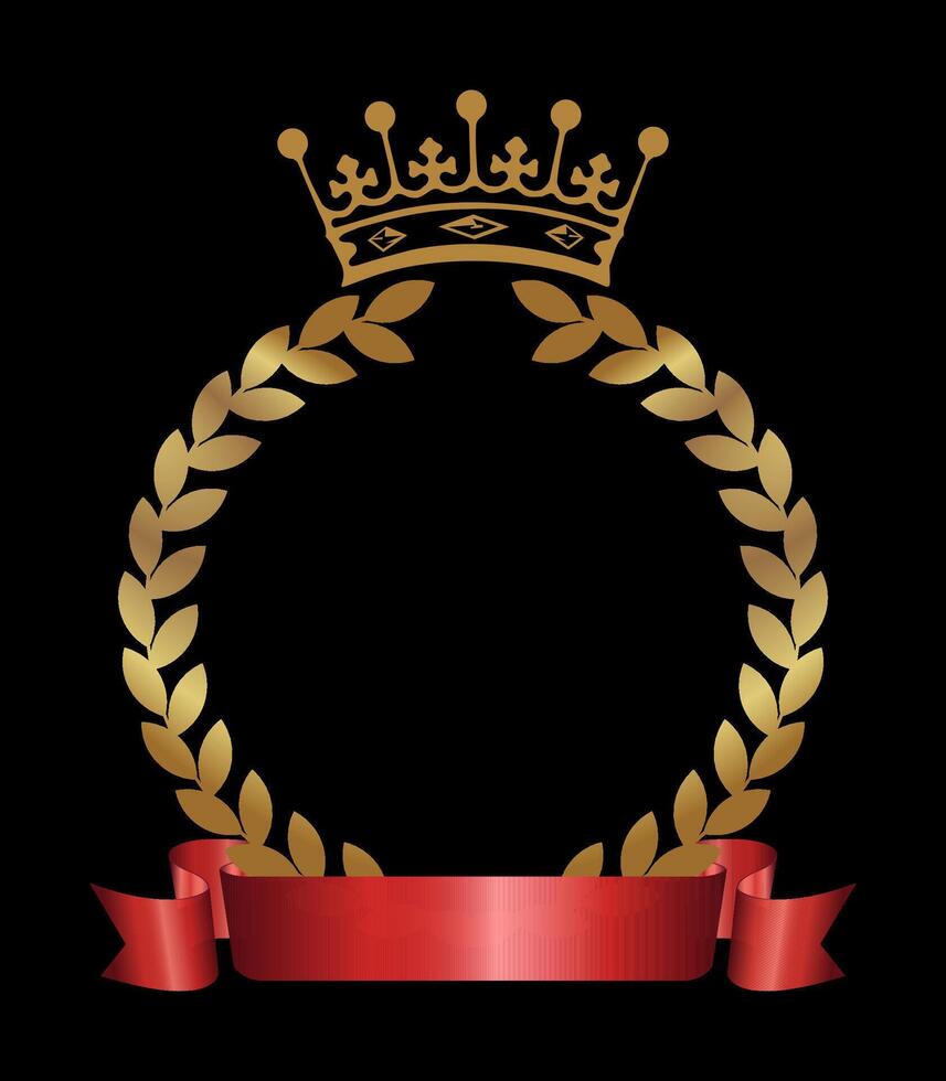 Crown laurel wreath with red ribbon isolated on black background. Champion reward. Award icon. Realistic luxury award for awarding ceremony, competition, championship, best player, movie. vector