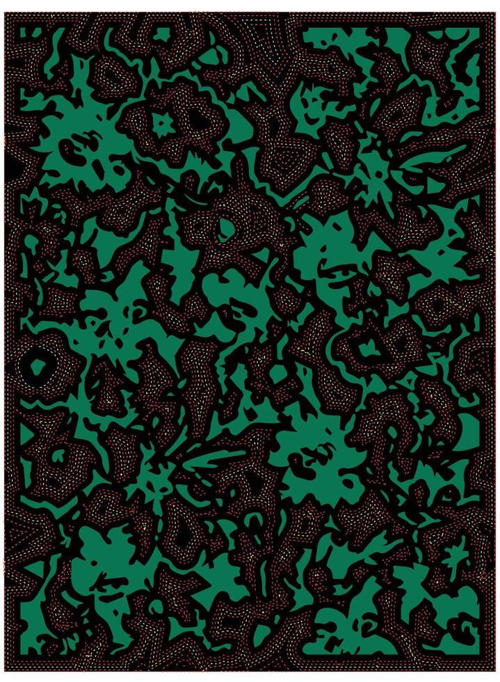 Abstract pattern of green organic shapes on a black background, accented with dotted red lines, creating a vibrant, textured design. vector