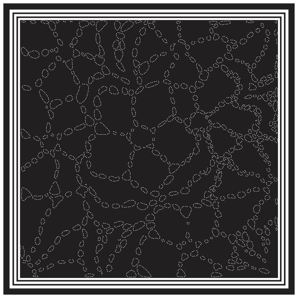 Abstract hand drawn dotted print on black background with white, dashed, irregular shapes forming a web like scarf pattern, bordered by layered white frames. vector