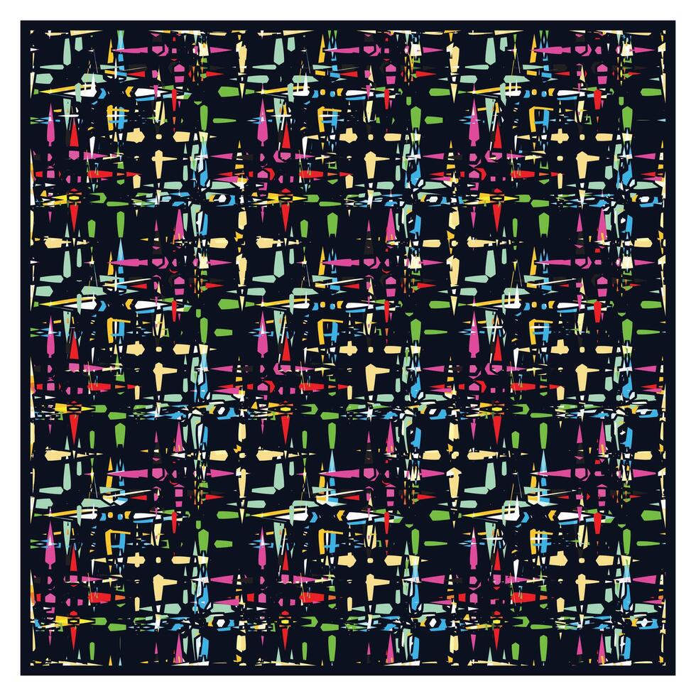 A vibrant, abstract pattern with colorful shapes on a dark background, featuring spikes, lines, and dots in pink, blue, green, and yellow. vector