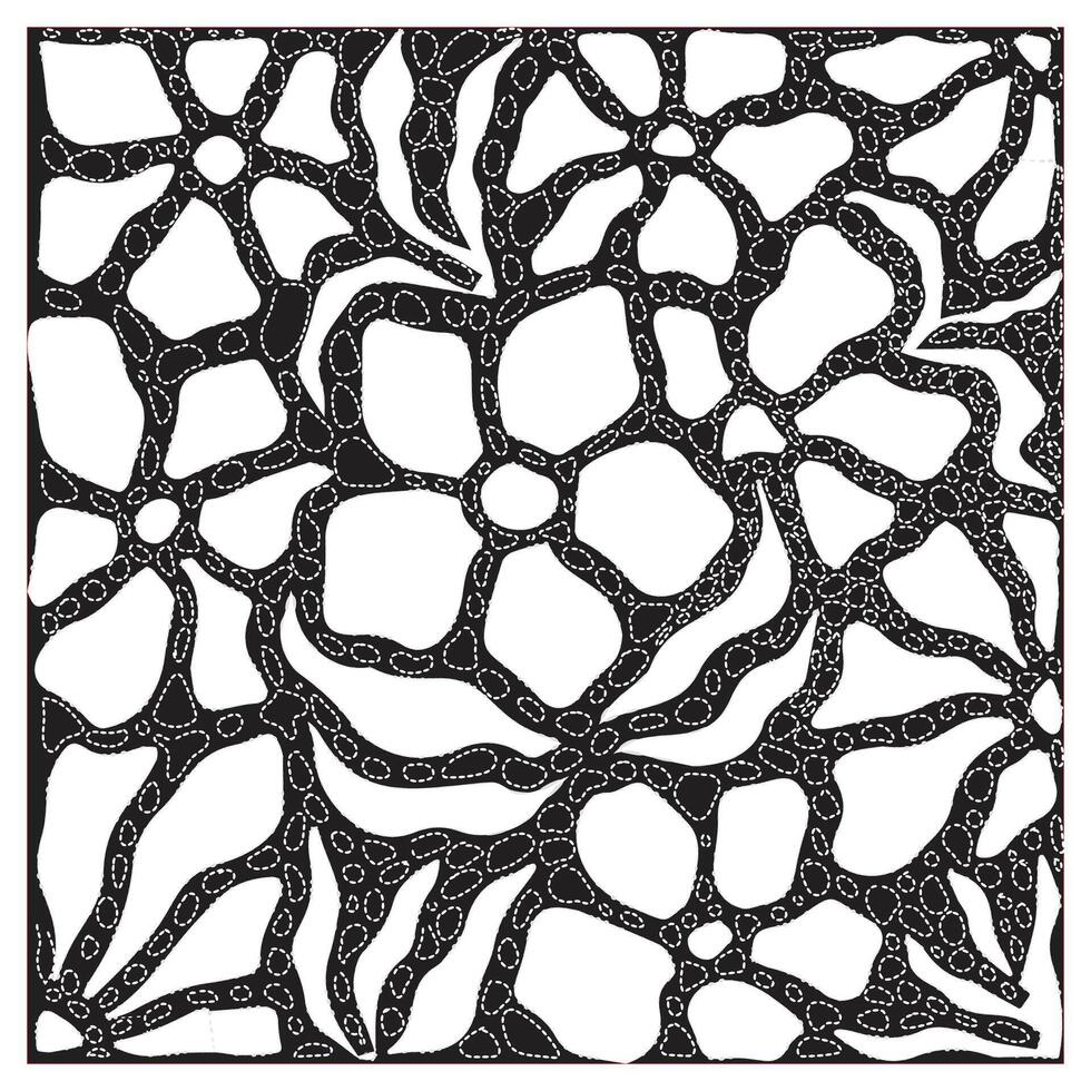 Abstract hand drawn dotted black and white floral pattern with intricate vines and clusters of shapes, creating a delicate, organic design. vector