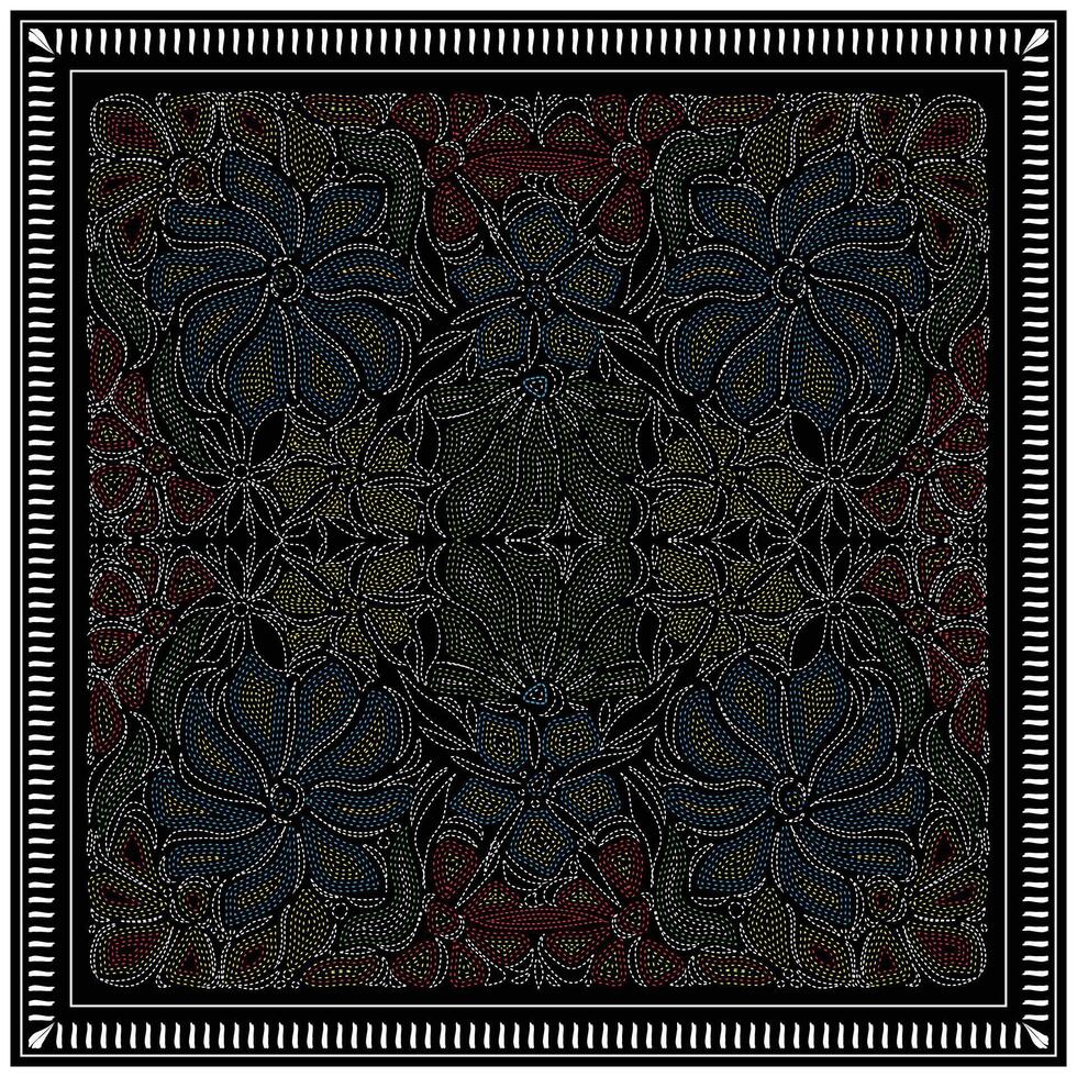 Intricate floral hand drawn design featuring colorful patterns of blue, green, red, and yellow, set against a black background with a white border. vector