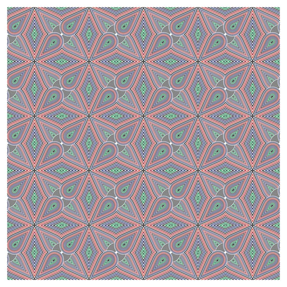 A geometric pattern featuring overlapping star and teardrop shape, with vibrant red, blue, and green line work on a light background. vector