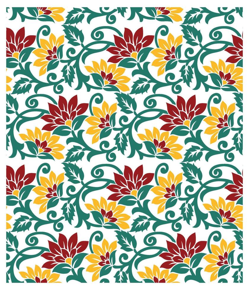 A vibrant floral pattern featuring red and yellow flowers intertwined with green swirls and leaves on a white background. vector