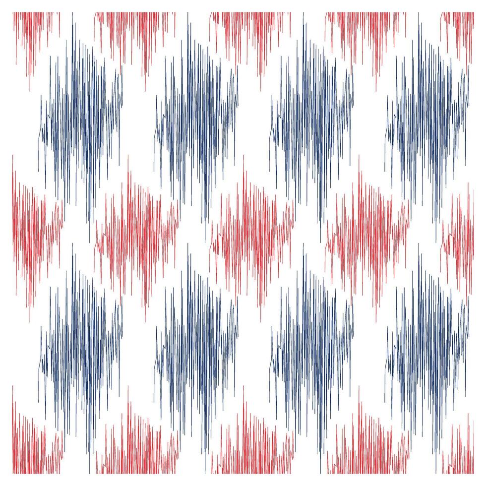 A repeating abstract pattern of jagged red and blue vertical lines on a white background, resembling sound waves. vector