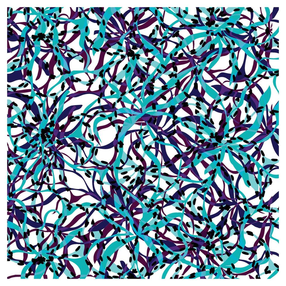 A vibrant abstract pattern of intertwining teal, purple, and black lines and shapes, creating a dynamic, fluid design. vector