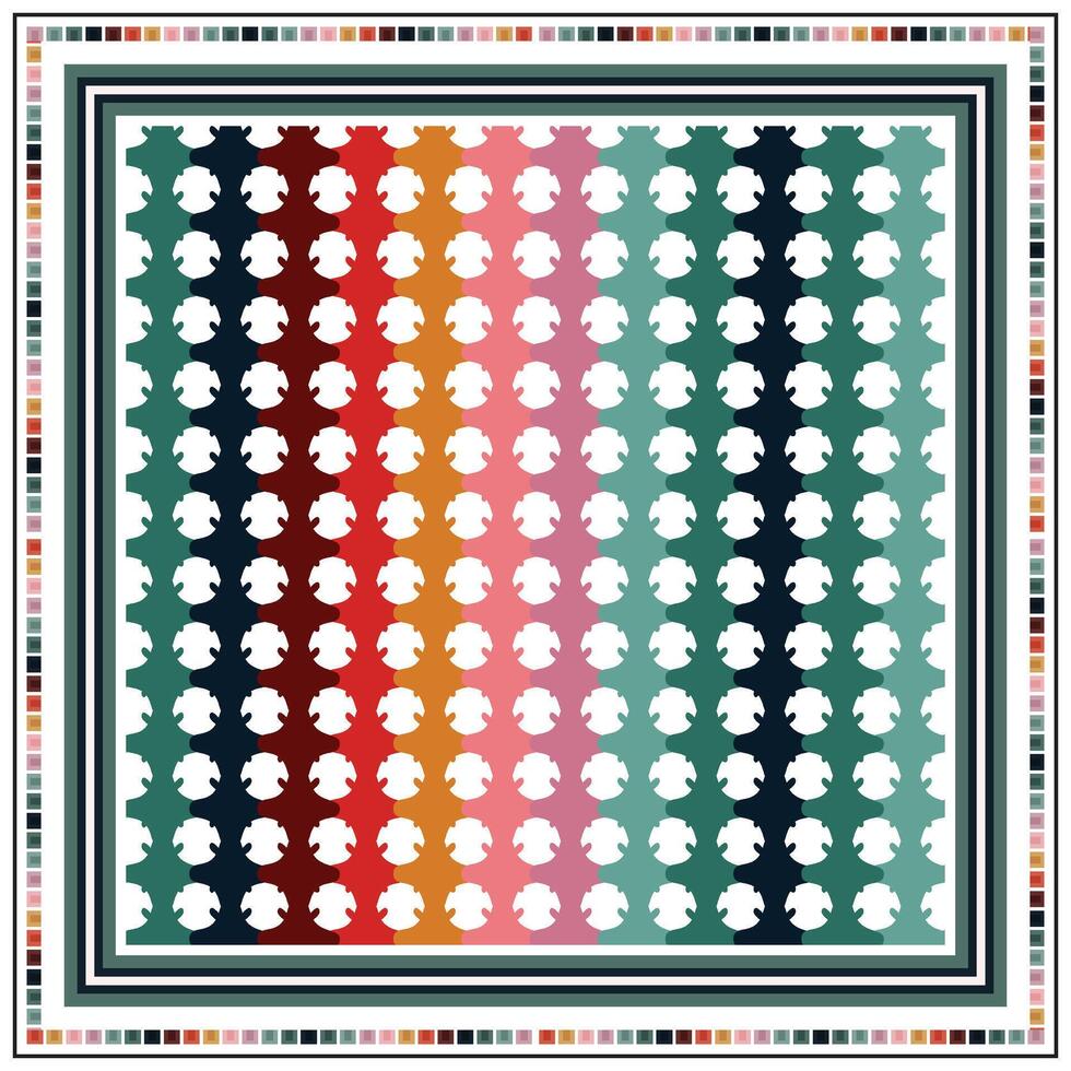 A colorful patterned textile featuring overlapping white shapes arranged in a gradient of vibrantly shaded backgrounds. vector
