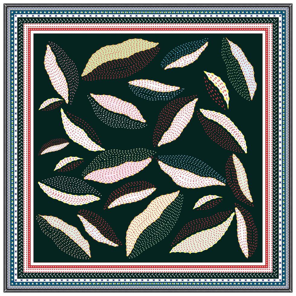 A hand drawn dotted patterned scarf featuring colorful leaves in pink, green, and black against a dark background, framed by decorative borders. vector