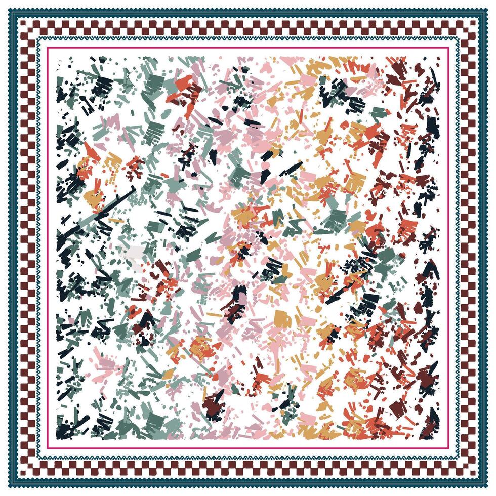 Abstract multicolored pattern with irregular shapes on a white background, framed by intricate borders in dark and light colors. vector
