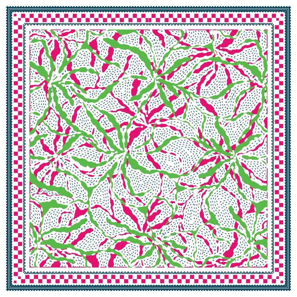 Colorful abstract design featuring swirling green and pink shapes on a white background, framed with a decorative border. vector