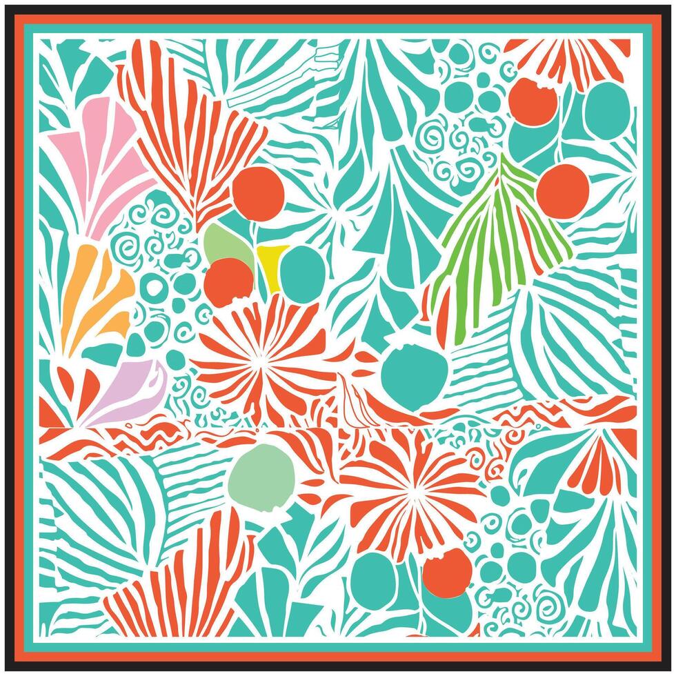 Colorful abstract pattern featuring tropical leaves, seashells, and circular shapes in shades of pink, teal, red, and orange. vector