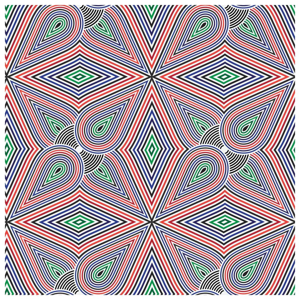 A vibrant hand drawn line print pattern of interwoven lines in vivid red, green, black, and blue, creating an optical illusion of depth and movement. vector