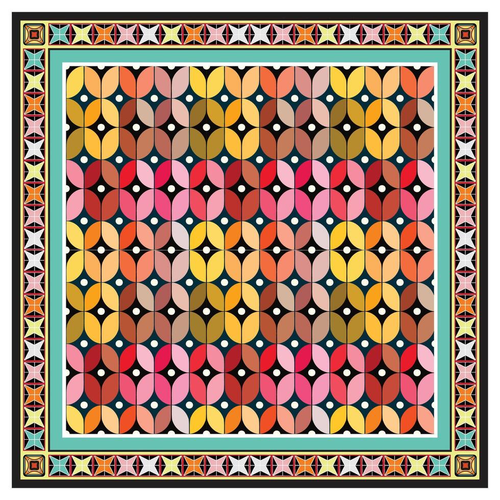 A vibrant geometric pattern featuring overlapping colorful shapes, framed by intricate designs in various hues. vector