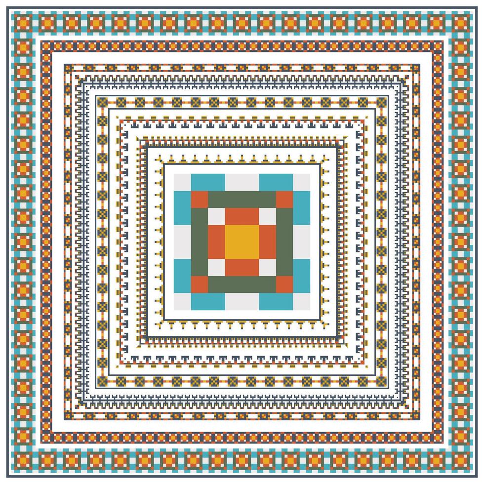 Colorful geometric pattern cross stitch and dot featuring concentric squares with intricate borders in shades of orange, blue, and white, it could be used as a wallpaper, fabric design, scarf, pillow vector