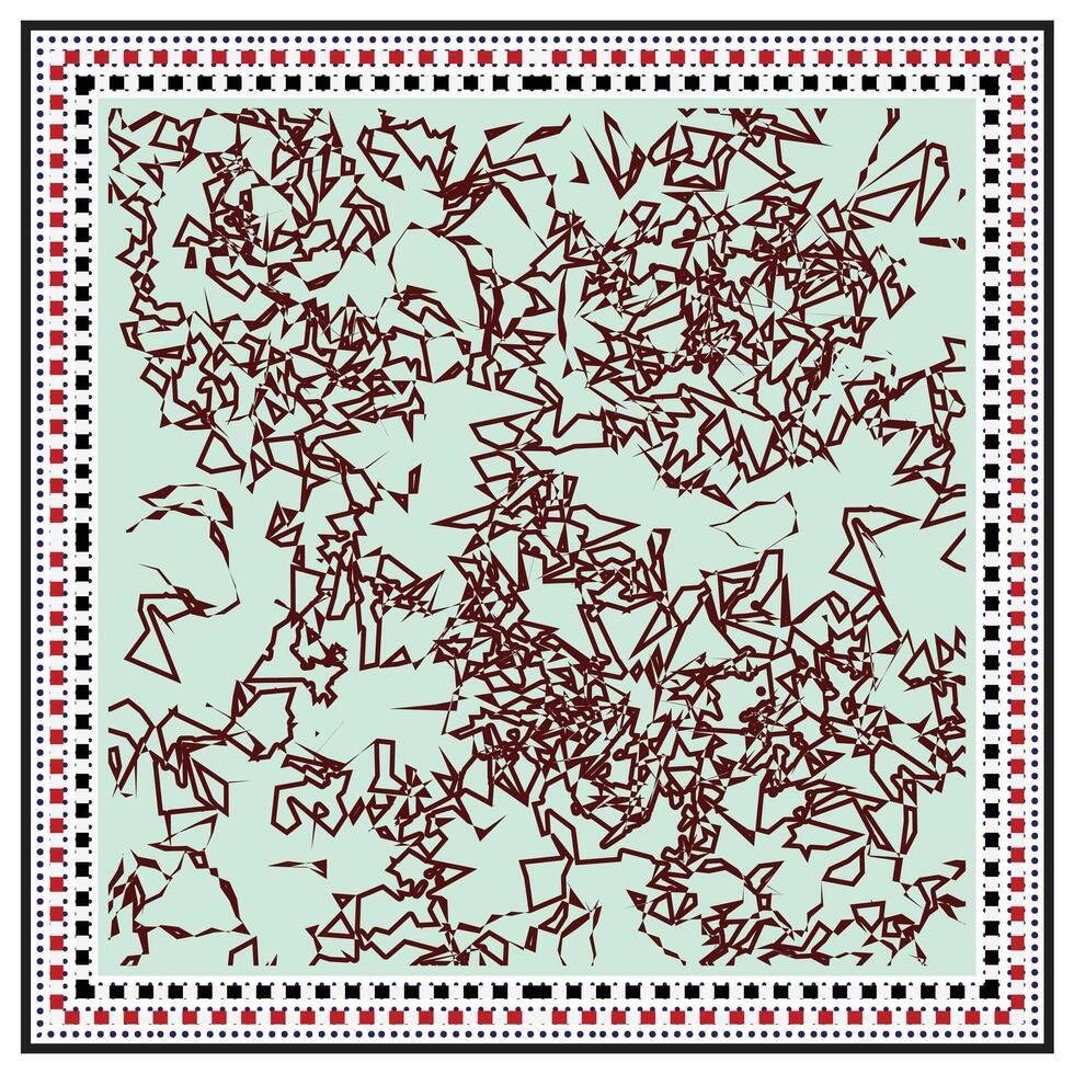Abstract geometric design with intricate brown lines on a mint green background, framed by a colorful patterned border. vector