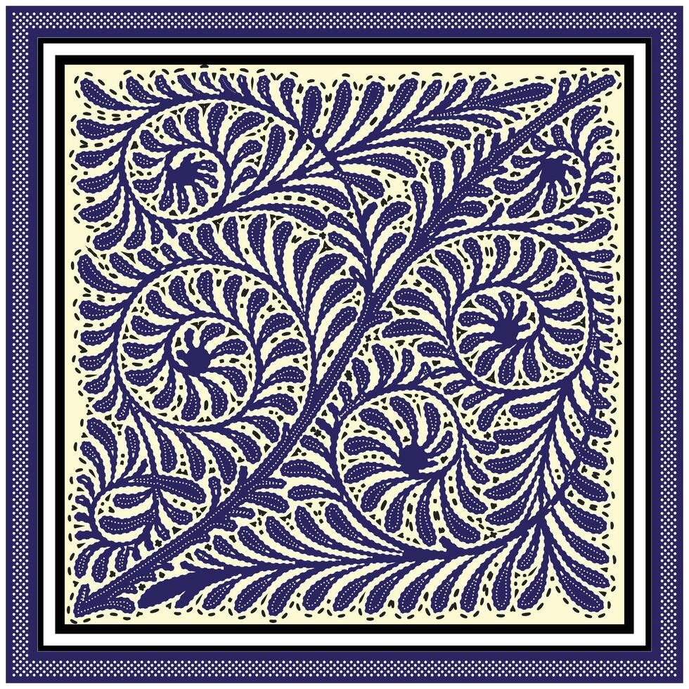A decorative hand drawn dot print pattern featuring intricate swirling leaves and spirals in navy blue on a light cream background with a bold black frame. vector
