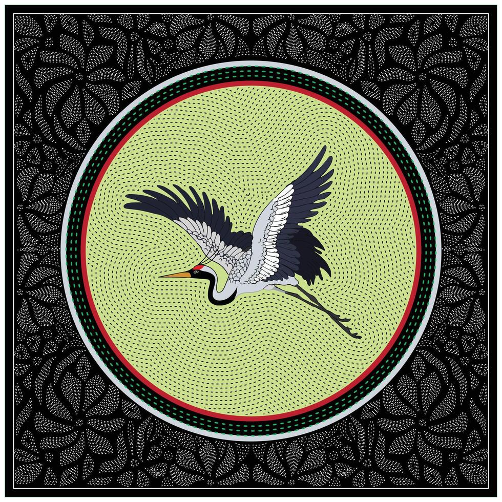 A stylized hand drawn quilt print, crane in mid flight, framed by a vibrant green circle, against a patterned black background. vector