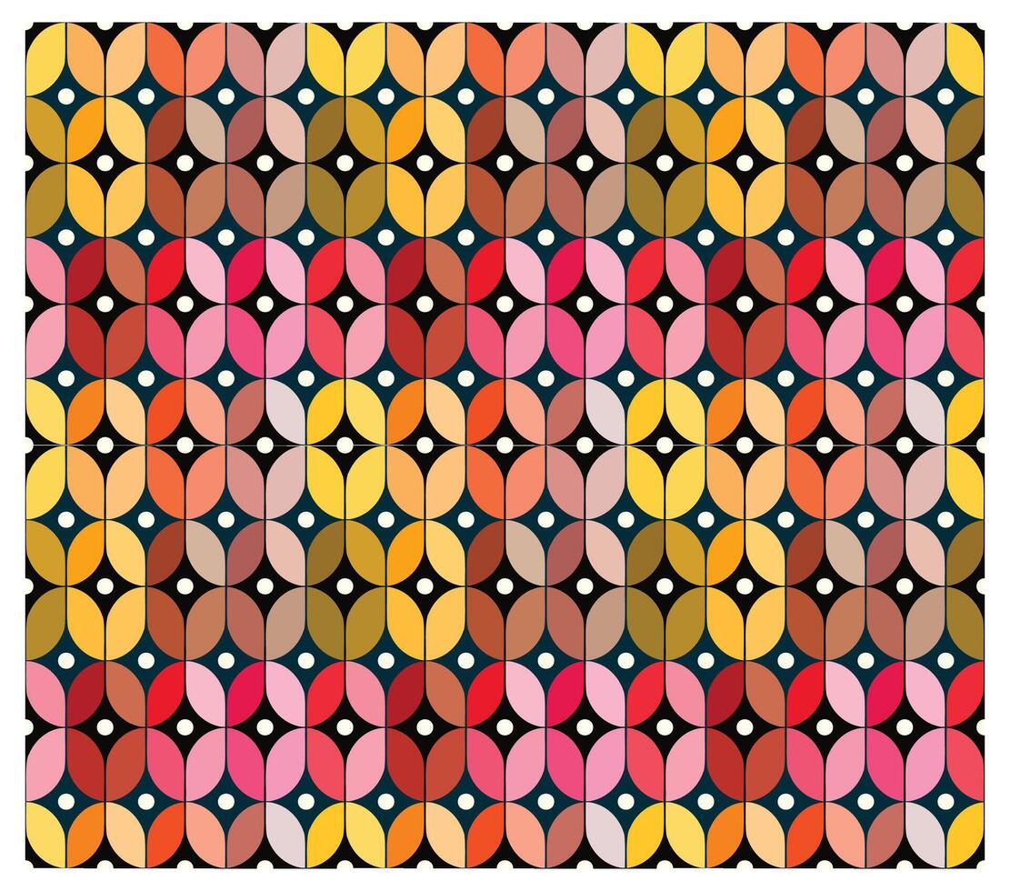 A vibrant geometric pattern featuring interlocking shapes in warm colors, accented by black and white dots, creating a retro design. vector