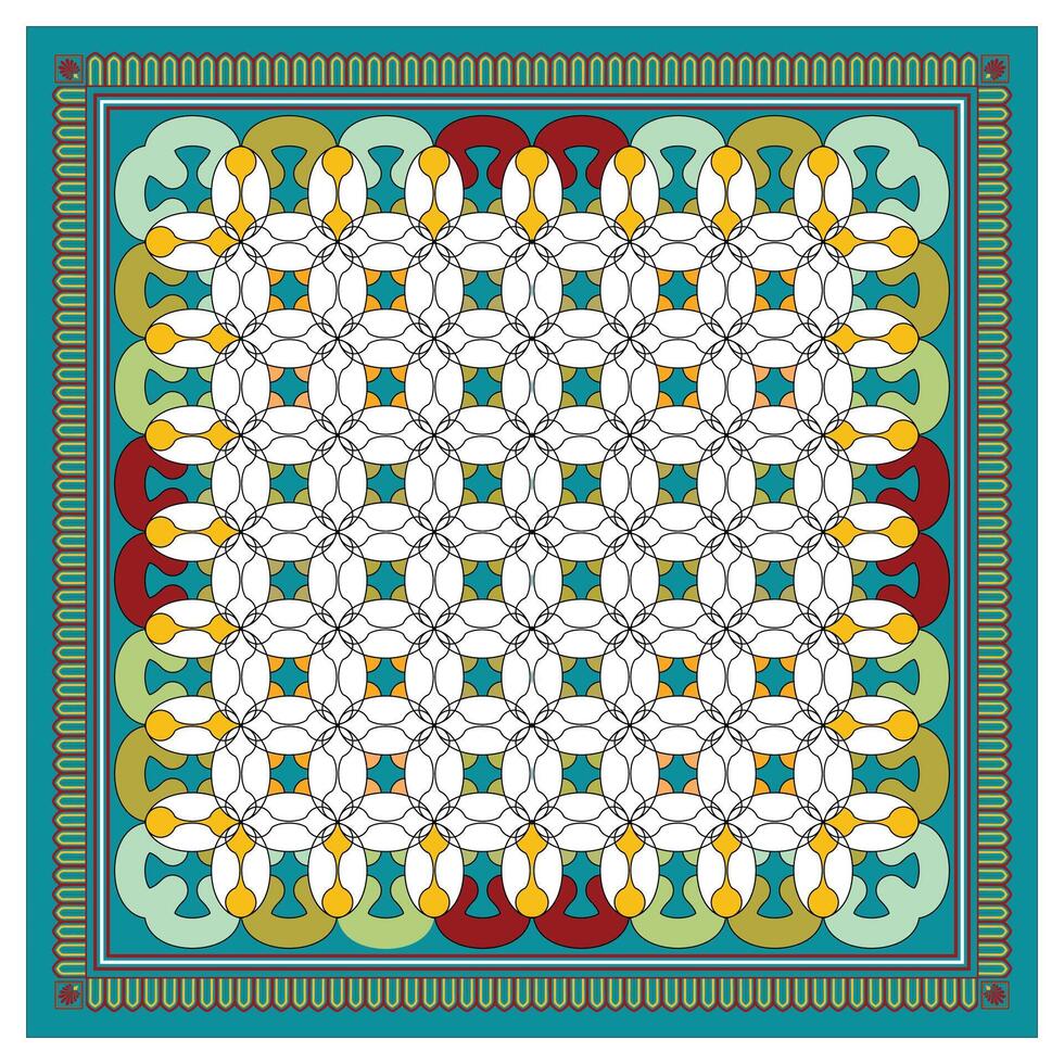 Intricate geometric pattern featuring interwoven shapes in vibrant colors, bordered by ornate designs on a teal background. vector