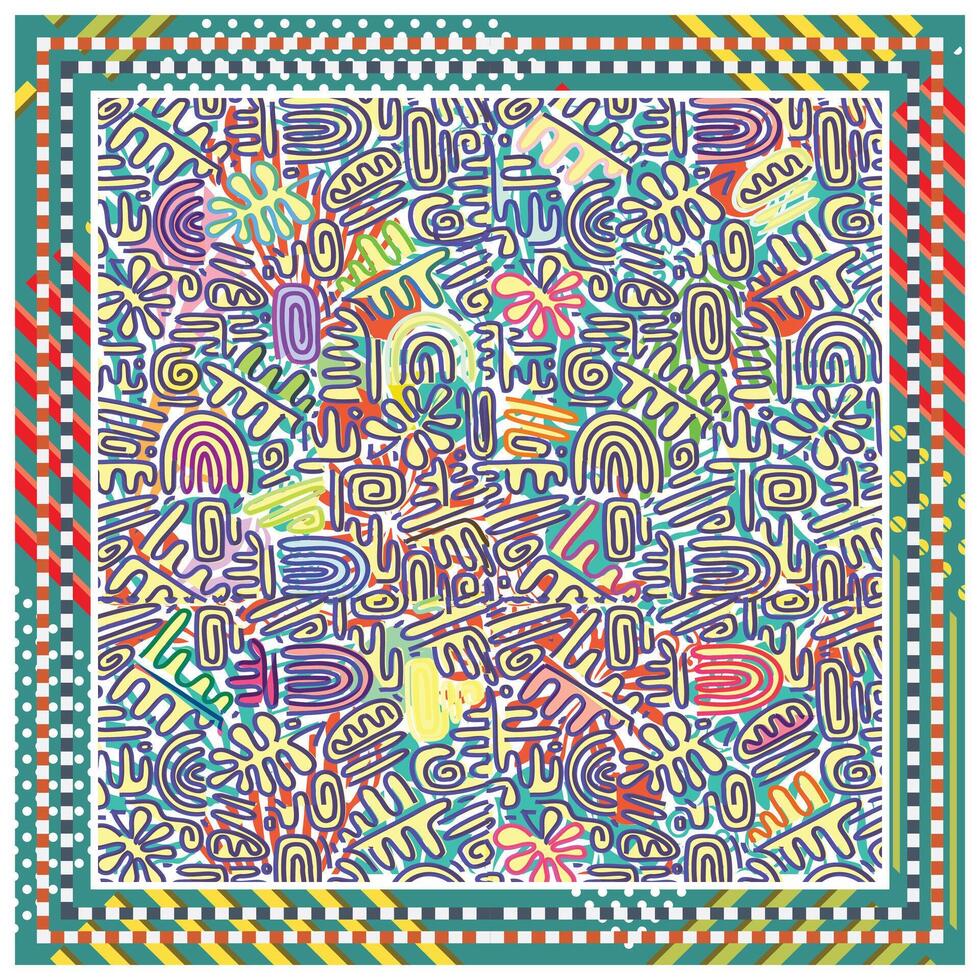 A vibrant hand drawn pattern filled with playful doodle, shapes, and colors, framed by a bold, decorative border. vector