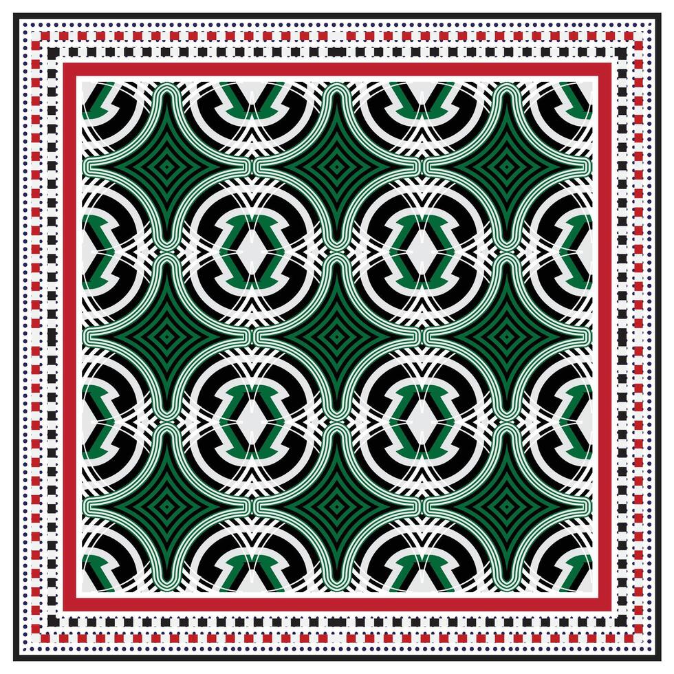 Intricate geometric pattern in green, black, and white, framed by a decorative border of red, black, and white dots and squares. vector