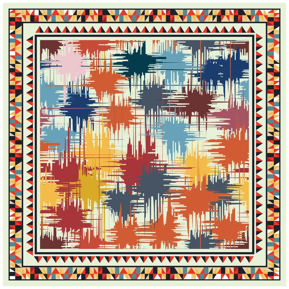 A vibrant abstract textile design featuring multicolored brush strokes, framed by intricate geometric patterns. vector