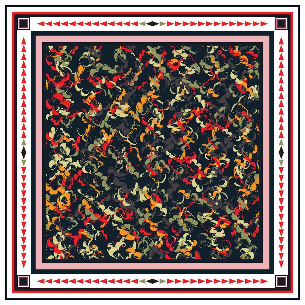 Abstract design featuring colorful swirling shapes in red, orange, green, and black, framed by a geometric border. vector