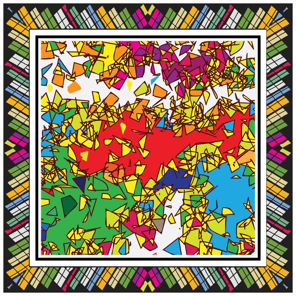 A vibrant abstract image filled with colorful geometric shapes, framed by a patterned border in contrasting colors. vector