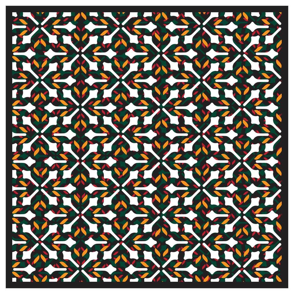 Intricate floral pattern featuring vibrant colors and black outlines, framed by layered, multicolored borders. vector