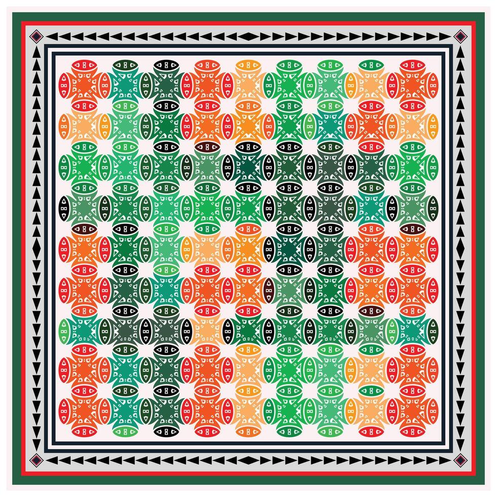 A vibrant geometric pattern featuring overlapping circles in red, green, orange, and black, bordered by intricate, contrasting lines. vector