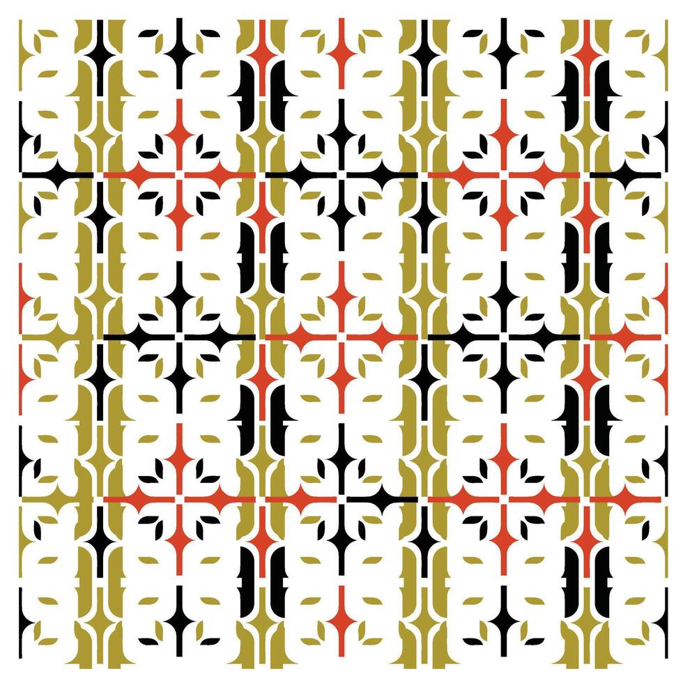 A vibrant geometric pattern featuring alternating olive green, black, orange, and white shapes, resembling stylized flowers and leaves. vector