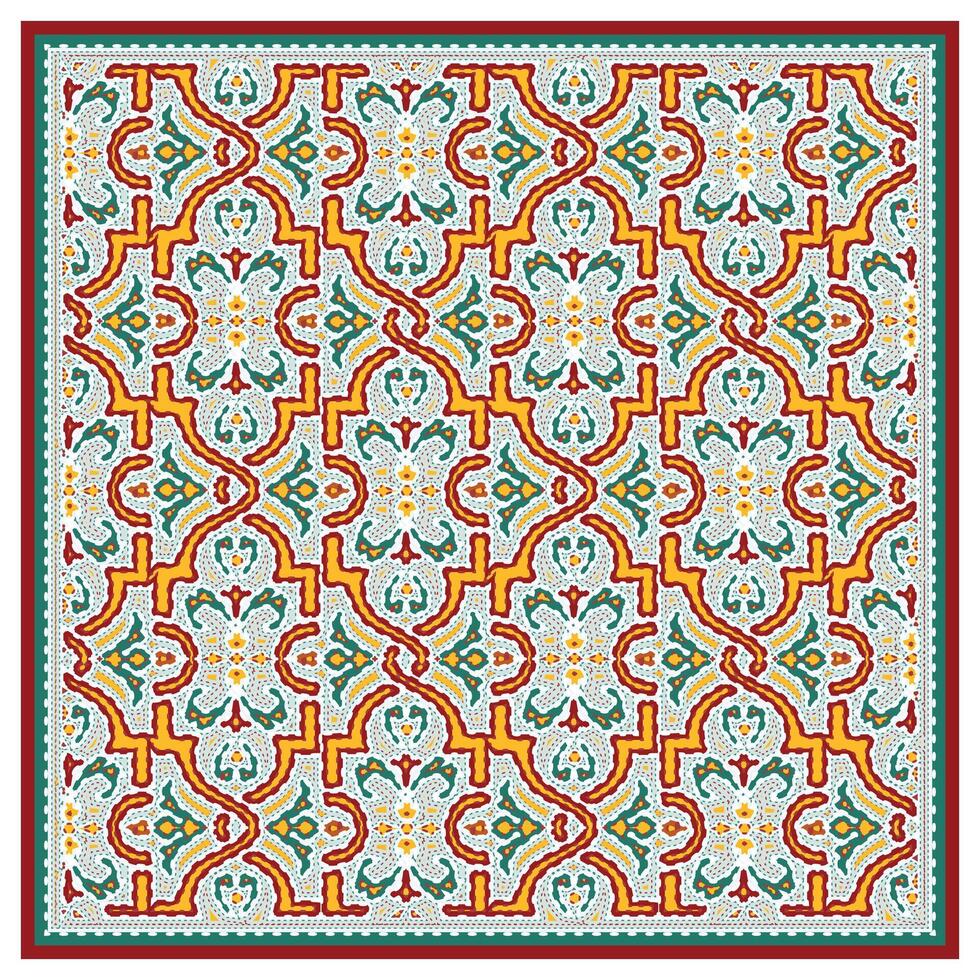 Intricate geometric pattern with vibrant red, yellow, teal, and white, framed in a dark border, showcasing artful symmetry and design. vector