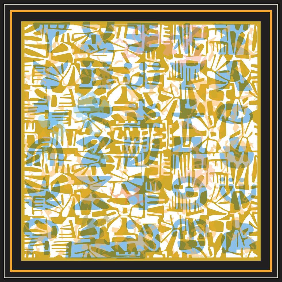 A textured hand drawn dotted texture abstract pattern featuring a mix of yellow, blue, and soft pink shapes on a white background, framed in black and gold. vector