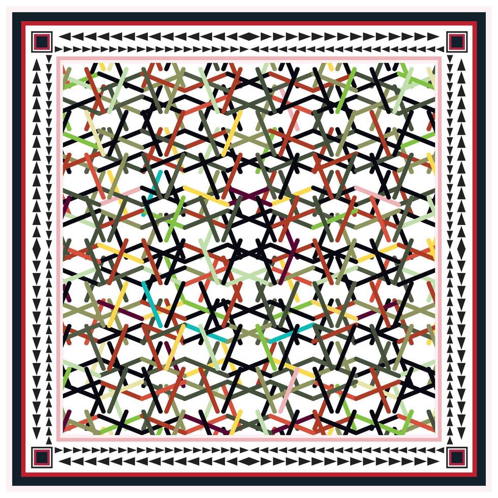 A colorful abstract pattern of intersecting lines within a decorative border, featuring various vibrant hues against a white background. vector