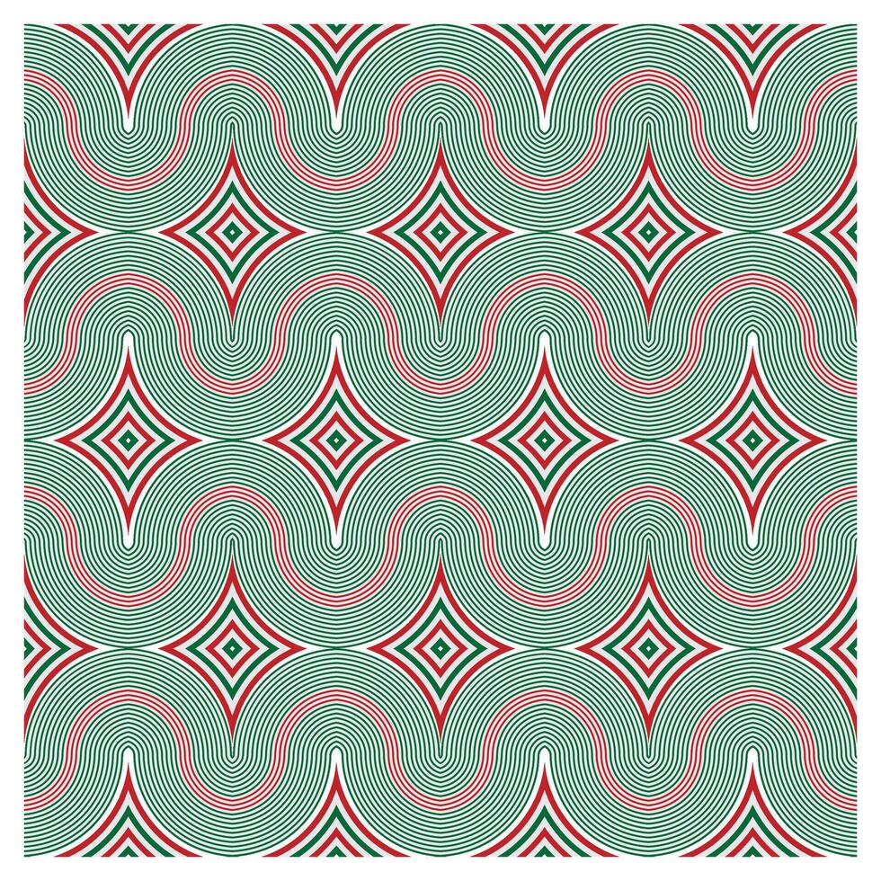 Abstract line art print pattern featuring wavy lines in green and red, interspersed with diamond shapes, creating a rhythmic, vibrant design. vector