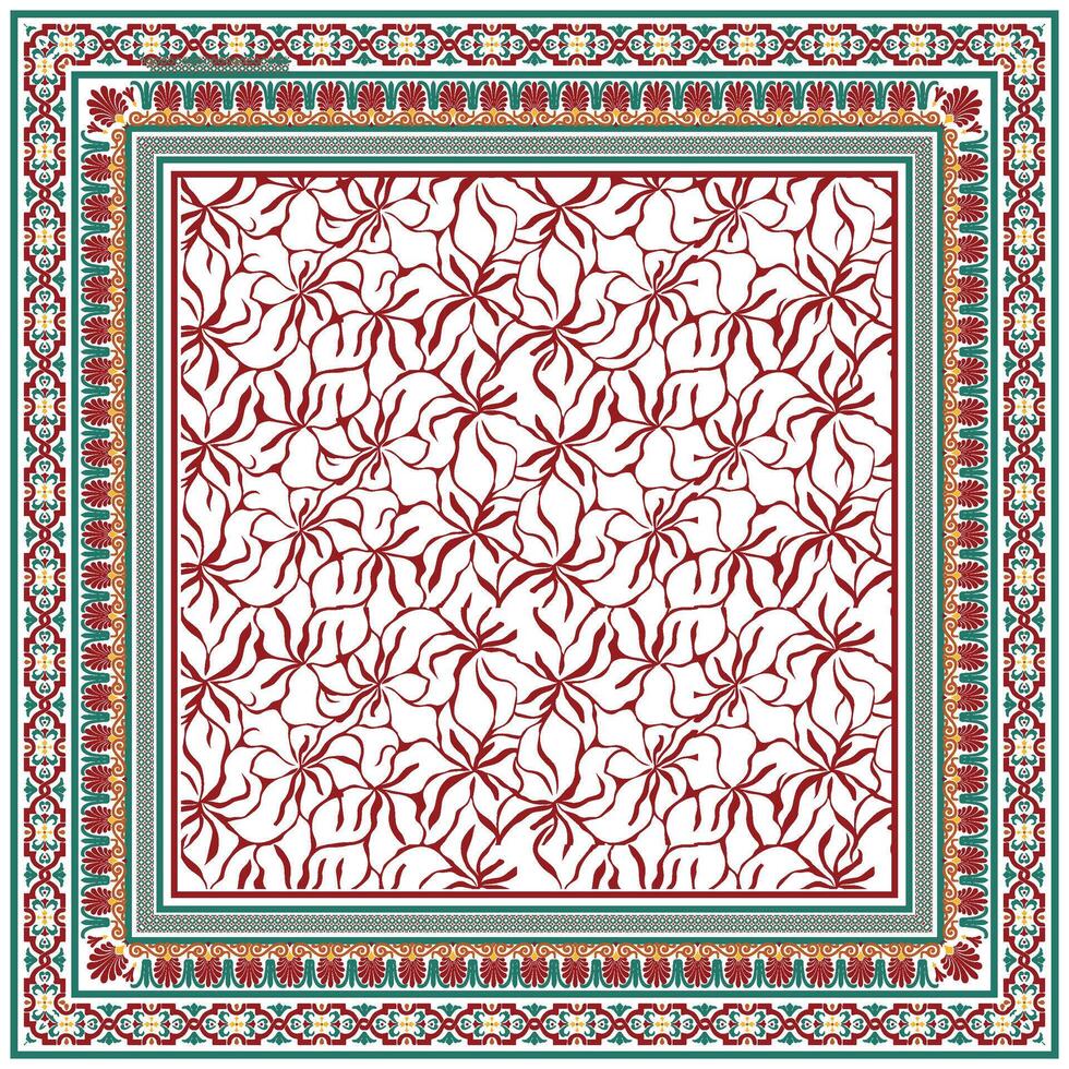 A decorative scarf, hand drawn dotted texture print pattern featuring intertwining red flowers and elegant borders in green and gold. Ideal for textiles or wallpaper design. vector