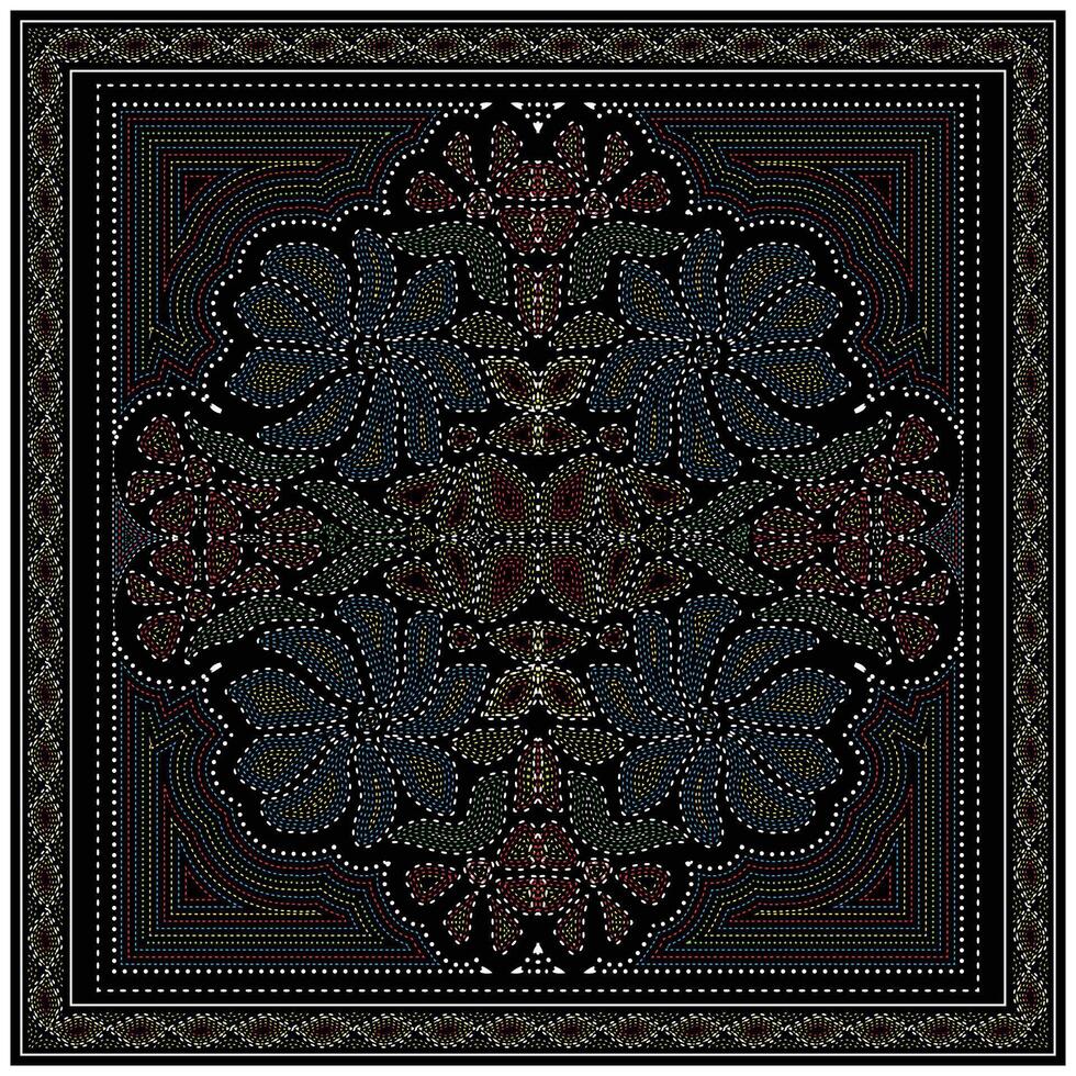 Intricate hand drawn dot and stitch pattern, geometric pattern featuring colorful floral designs on a black background, framed by ornate borders and detailed textures. vector
