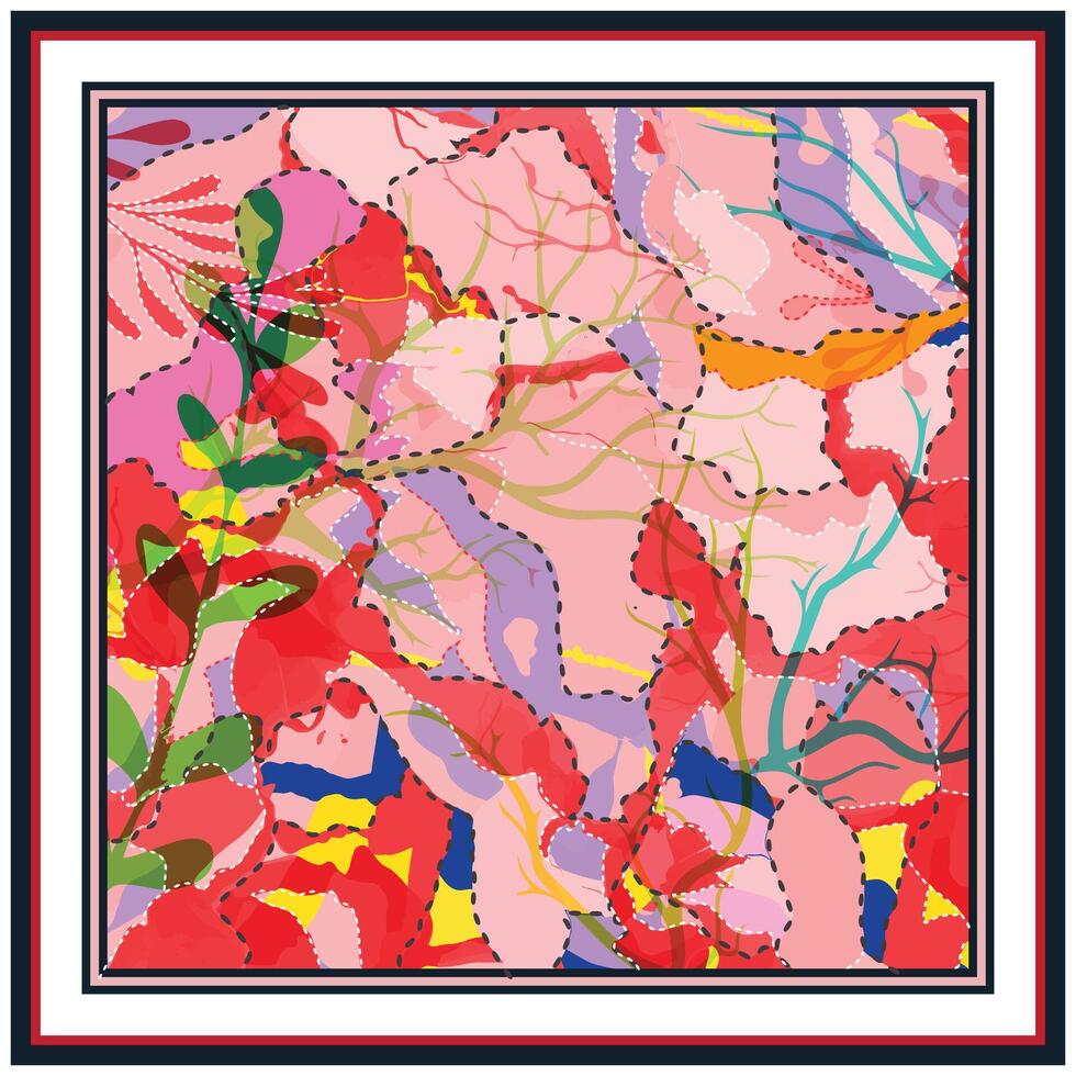 Abstract floral hand drawn print design featuring vibrant colors and flowing shapes outline with dotted lines, framed in bold layers. vector