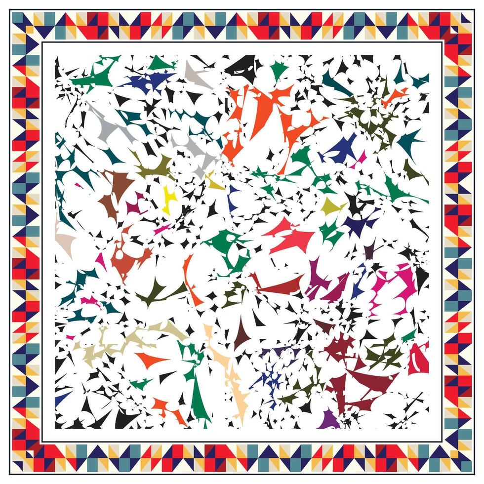 A vibrant abstract design with colorful shapes against a white background, bordered by a patterned frame of triangles and rectangles. vector