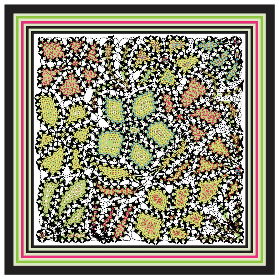 beautiful Intricate floral pattern featuring vibrant colors and black outlines, framed by layered, multicolored borders vector