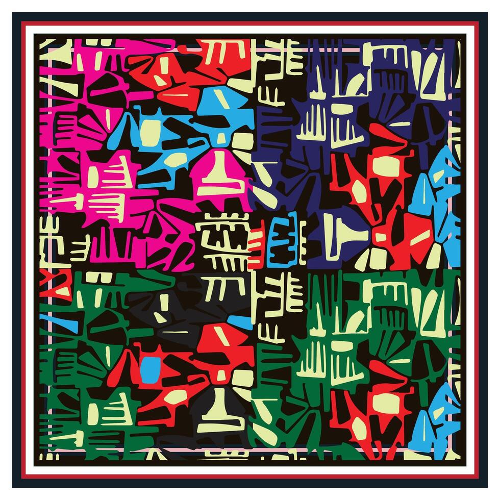 Abstract, colorful geometric pattern with bold shapes in red, blue, green, and black, framed with a thick, multi-colored border. vector