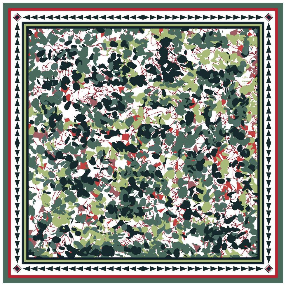 A vibrant, abstract pattern of dark green, olive, and burgundy shapes on a white background, framed with a geometric border. vector