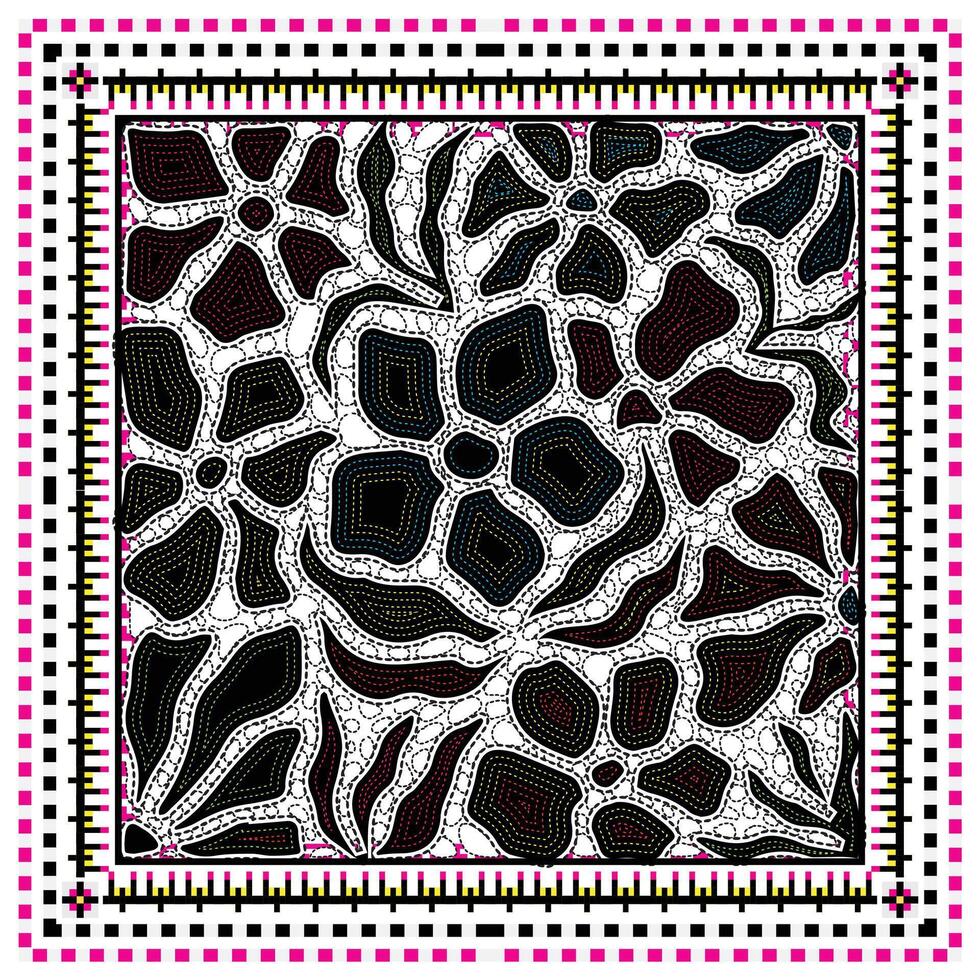 A colorful hand drawn print, floral pattern featuring bold outlines, intricate details, and a vibrant border of squares and lines. vector