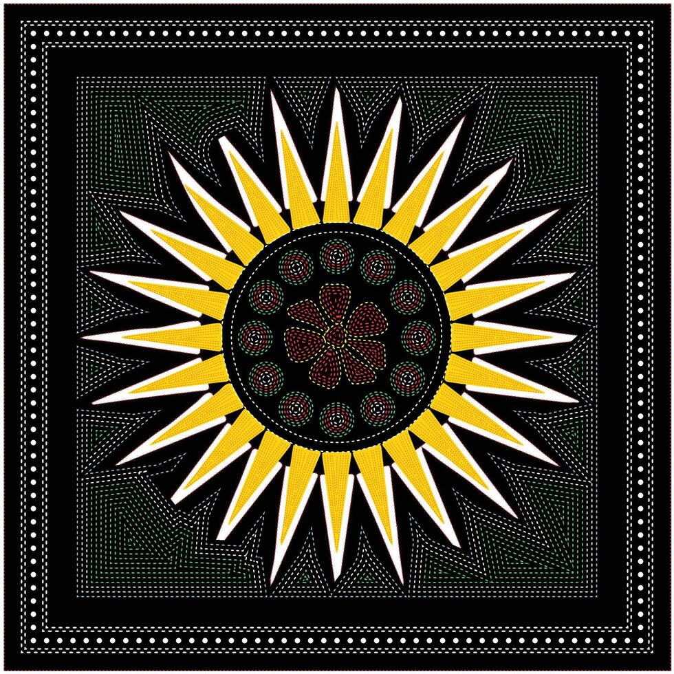 A vibrant mandala with yellow spikes radiating from a central floral pattern, set against a black background with intricate dot designs vector