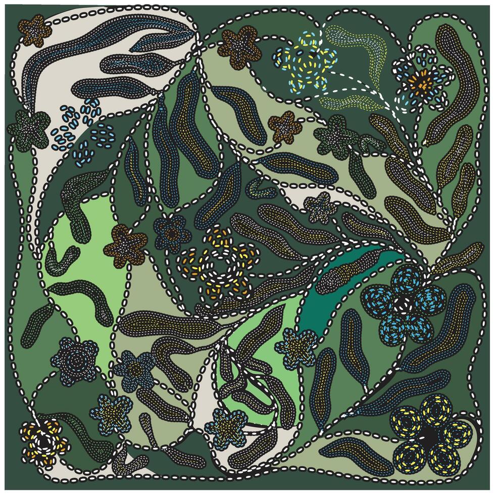 A colorful hand drawn dotted line abstract design featuring intricate floral patterns and flowing lines against a green background. vector