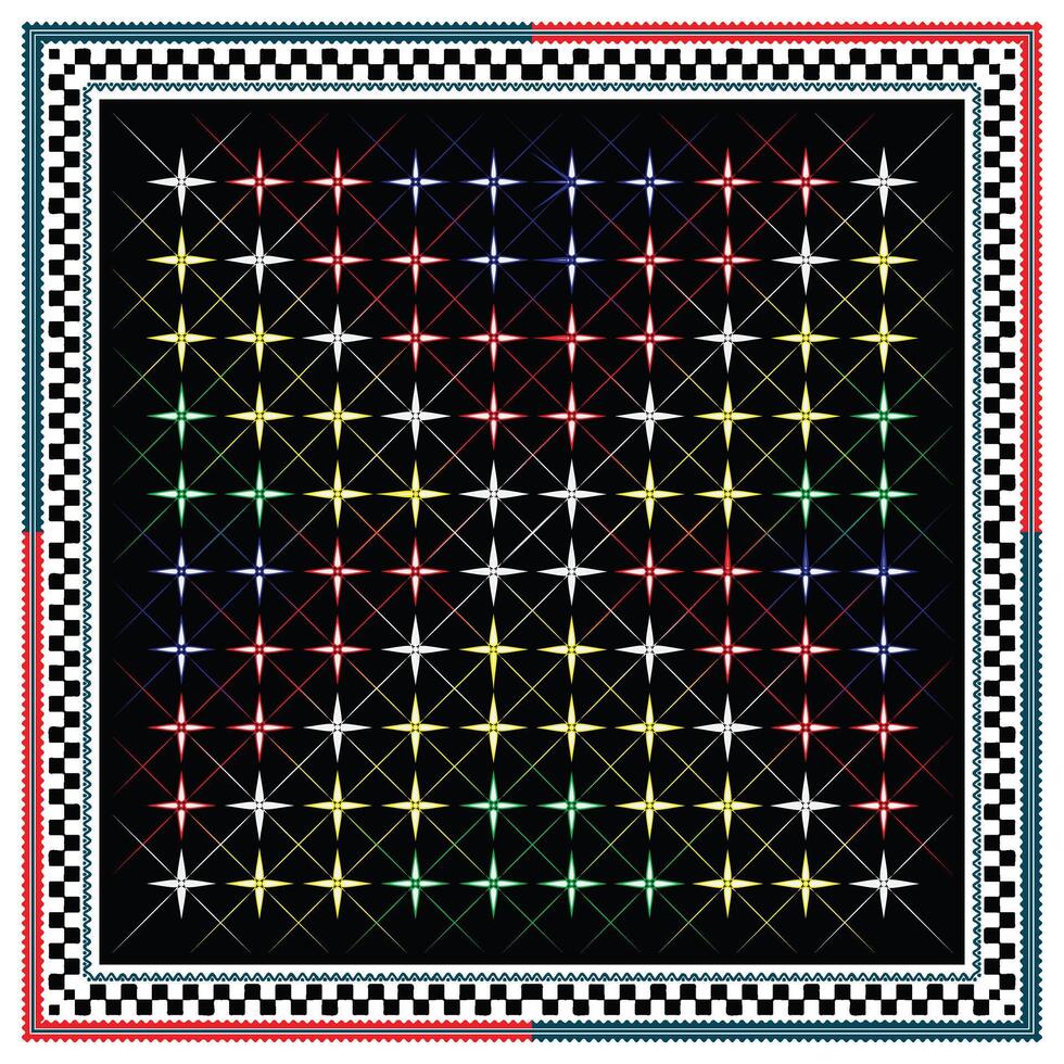 A vibrant geometric pattern featuring colorful star shapes on a black background, bordered by intricate multicolored frames, it could be used as a wallpaper, fabric design, scarf, pillow cover vector