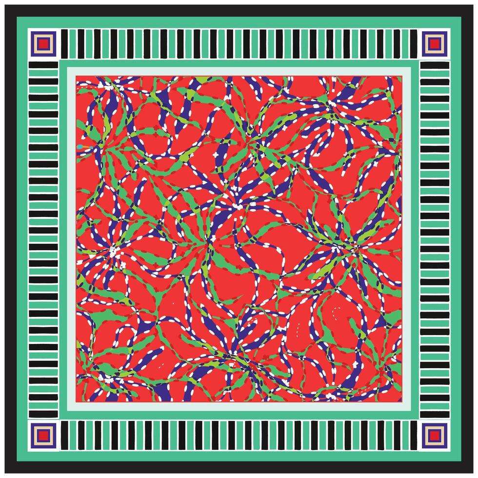 A vibrant red pattern features intertwining green, blue, and white swirls, framed by bold black and turquoise borders with graphic accents. vector